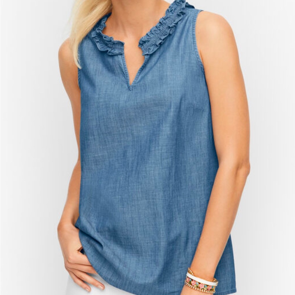 Talbots RUFFLE TRIM SLEEVELESS SHELL - DENIM SLUB